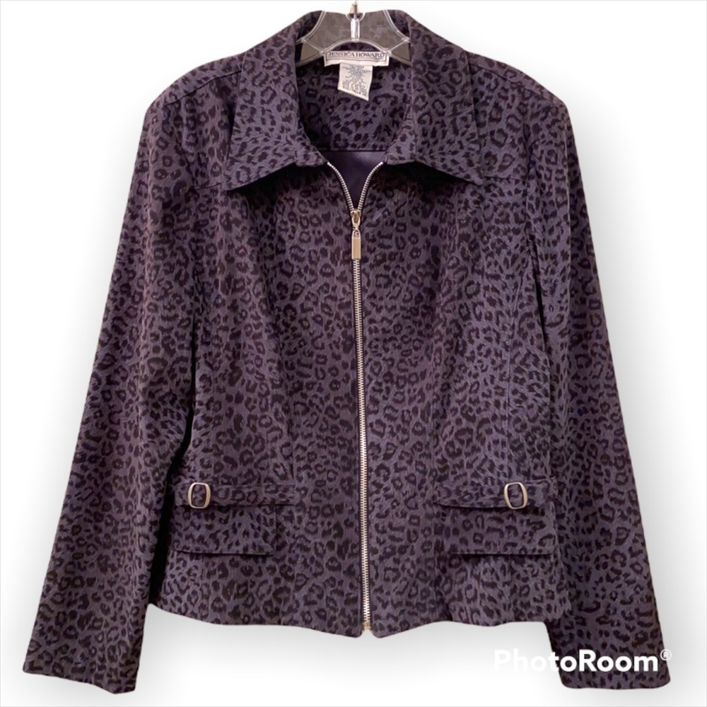 Jessica Howard Jacket Dark Grey Leopard Print Animal Print Fitted WM SZ 14 NICE!